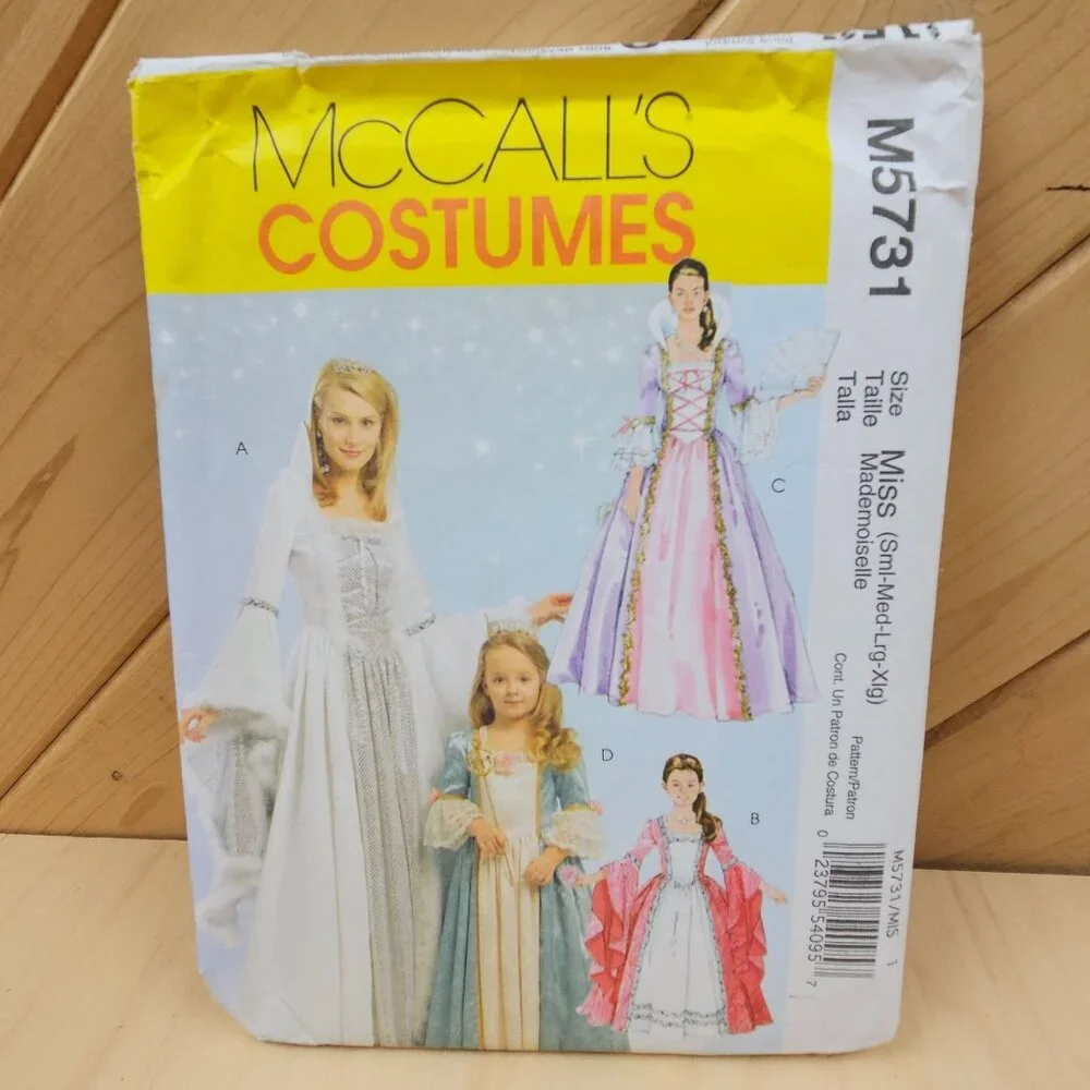 McCalls M5731 Misses Childrens & Dolls Princess Costumes Sewing Pattern 4-5-6